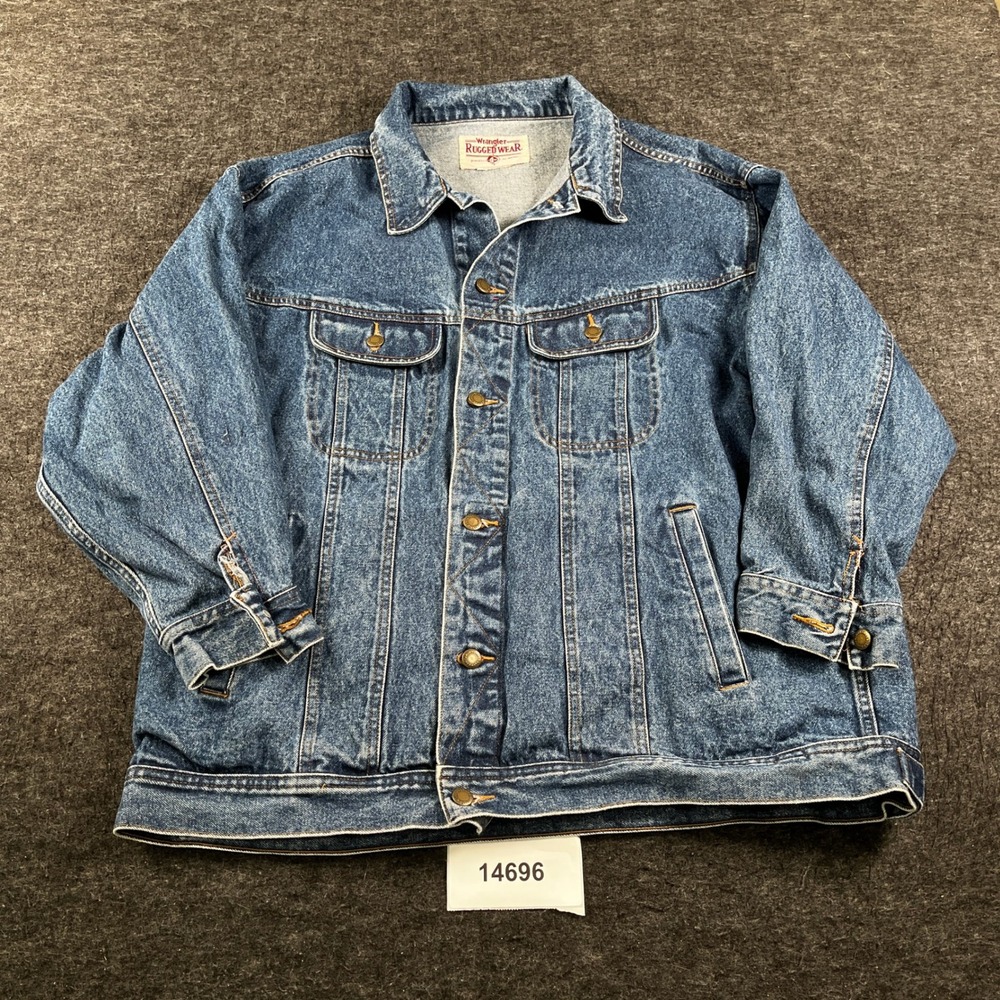 VTG Wrangler Rugged Wear Trucker Jacket Mens 2XL Blue Denim Button Front Winter